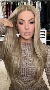 Honey Blonde Straight Wigs with Brown Roots 100% Real Human Hair for Caucasian 180% Density